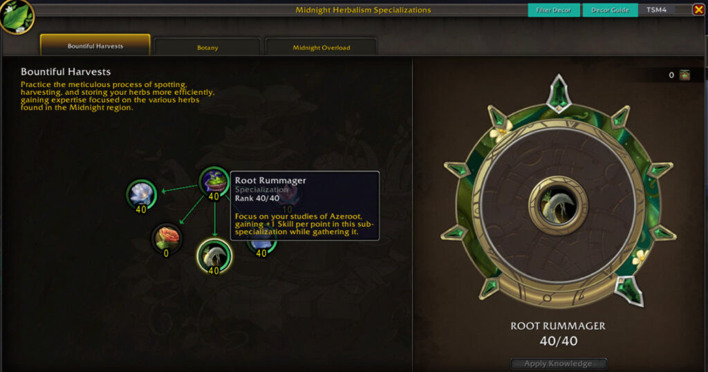Azeroot midnight herbalism specialization root rummager knowledge points