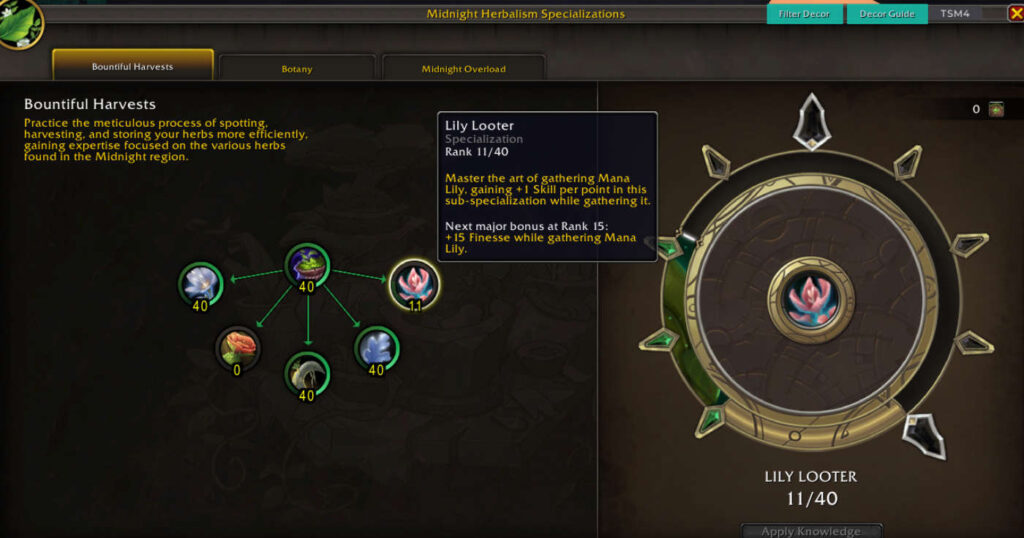 Mana Lily midnight herb specializations lily looter