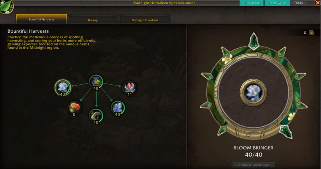 Tranquility Bloom midnight herbalism specializations bloom bringer